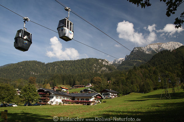 Bergbahn-Gondeln am Himmel Jenner-Fahrt über Gasthöfe in grüner Bergpanorama