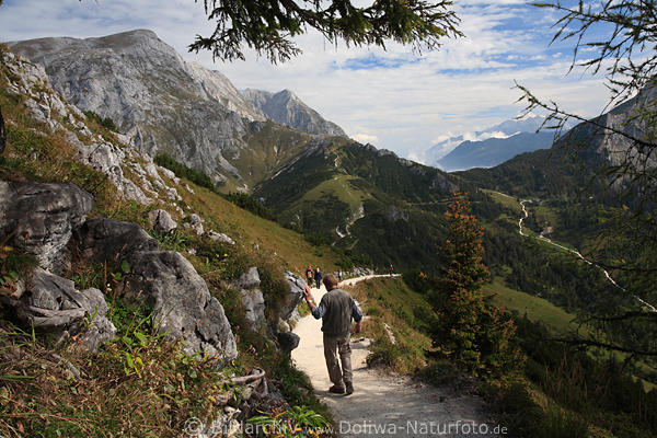 Jenner Bergwanderer Weg am Felsen vorsichtig gehen in Alpenlandschaft