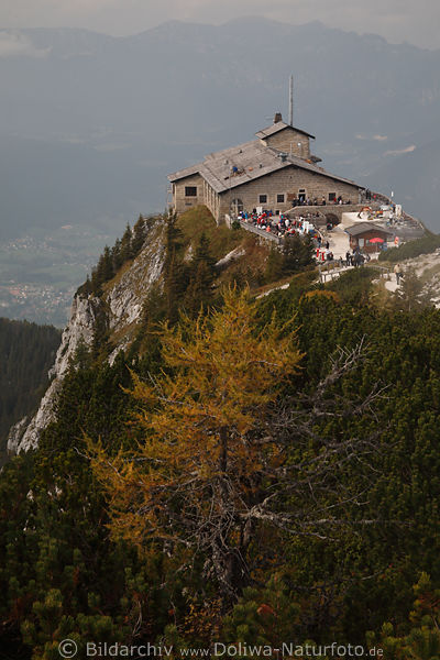 Kehlstein Berggaststätte auf Felsgipfel bewachsen mit Kieferbäumen