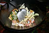 Fried schrimp food from pan, Schrimps Gericht mit Mais & Mix-Gemüse aus dem Wok (Thai-Pfanne)