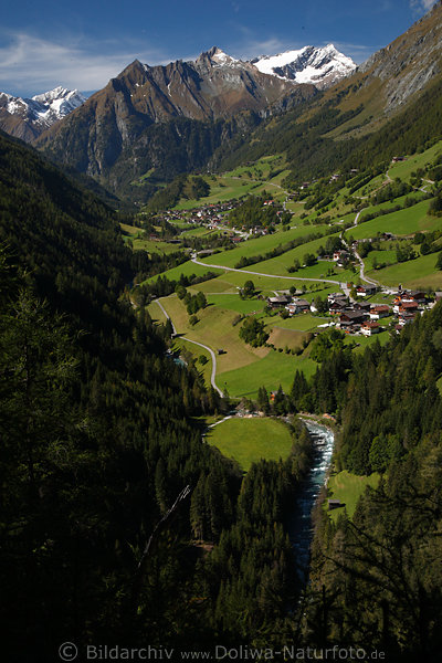 Iseltal Prägraten Dörfer Grünwiesen unter Alpengipfel Berglandschaft Malhamkees Gletscher