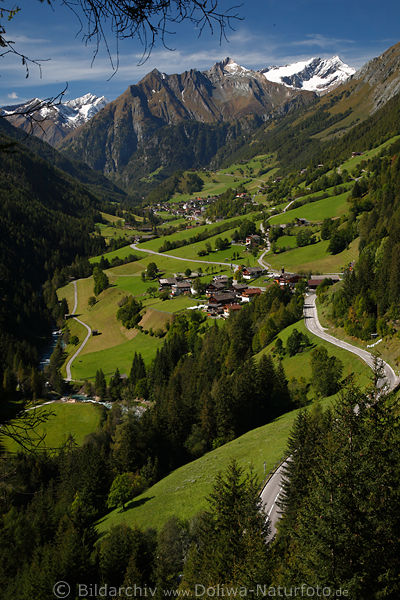 Virgental Landschaftsfoto Prägraten Bergdörfer grüne Wiesen unter Malham-Gletscher (weiss kees)