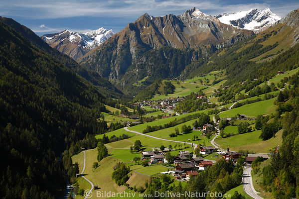 Prägraten Iseltal Ferienorte in Alpenpanorama Landschaftsbild unter Großvenediger Gipfel mit Schnee