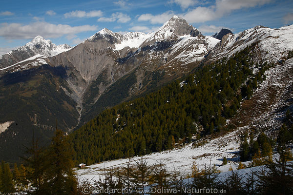 Gipfeltrio Panorama Bild Berghänge über Hütte an Skipiste in Alpenlandschaft Naturfoto