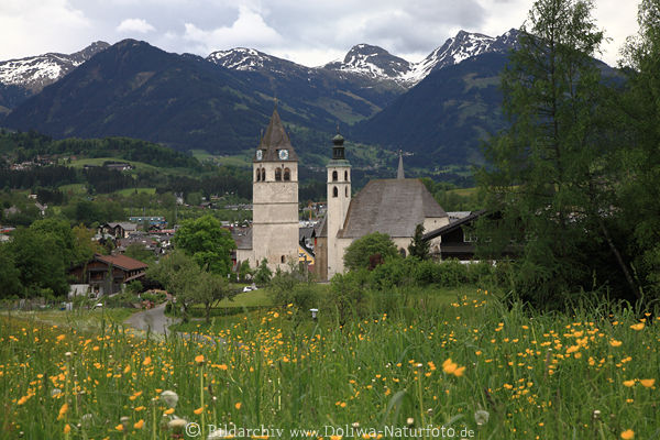 Kitzbühel Frühling Almwiese KirchenTürme in AlpenTal Gipfel Bergpanorama