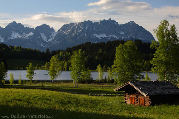 Schwarzsee Naturfoto Grünwiese Hütte in Alpenkulisse Kaisergebirge Abendstimmung