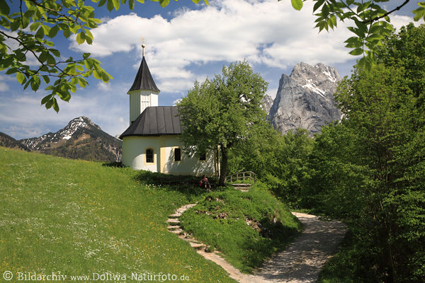 Antoniuskapelle Naturidylle Frühling grüne Alpenlandschaft Wilderkaiser Felsenkulisse