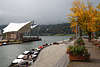 812604_ Alpsee Musik-Pavillon Foto am Seeufer und Boote im Hafen an Seestrasse Herbstbild Allgäu Reise