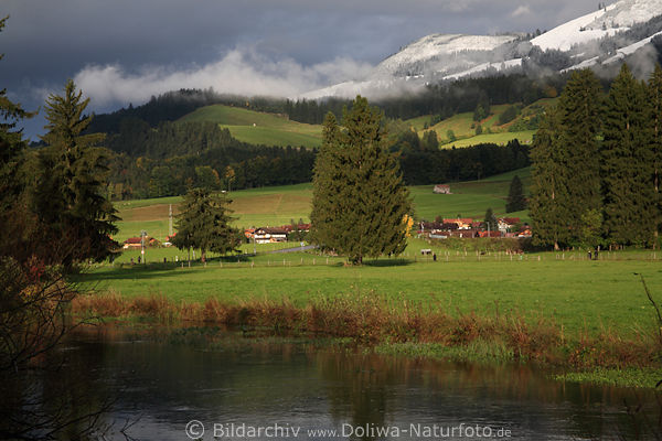 Illerufer Lichtstimmung Naturfotos Fischen in Allgäu Alpwiesenlandschaft unter Bergschnee