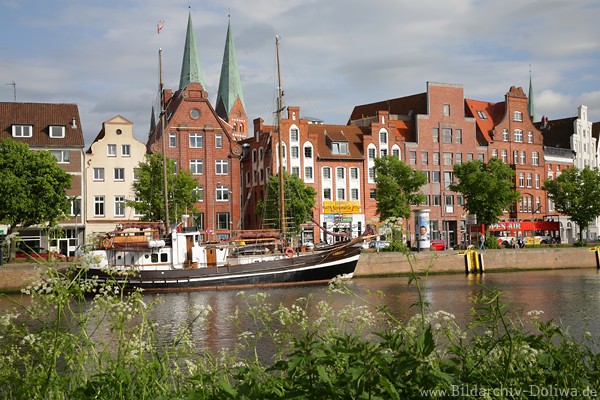 Altstadt Lbeck am Wasser Untertrave Uferpflanzen Naturfoto mit Segelschiff vor Husern