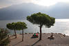 Limone Strand Urlaub am Wasser Gardasee Foto Touristen Idylle unter Bäumen Bergpanorama