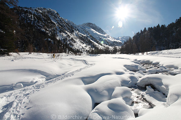 Morteratschgletscher Tal Naturfotos romantische Winterlandschaft in Schnee Sonne ber Bergbach