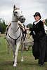 000472_Reiterin Dame im Schwarzkleid Schaubild laufend mit weissem Barockpferd, Amazone im Hut prsentiert alte Reitkunst
