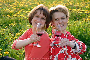 Frauen-Prost in Wiesenblumen mit Weingläser anstossen