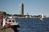 Travemnde Wasserbucht Landschaft Bild Hafen Touristen Jacht Schiffe Hochhaus Leuchtturm