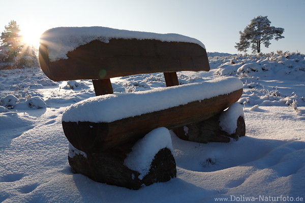 Sitzbank in Sonne Sternlicht Gegenlicht Schnee Winterlandschaft