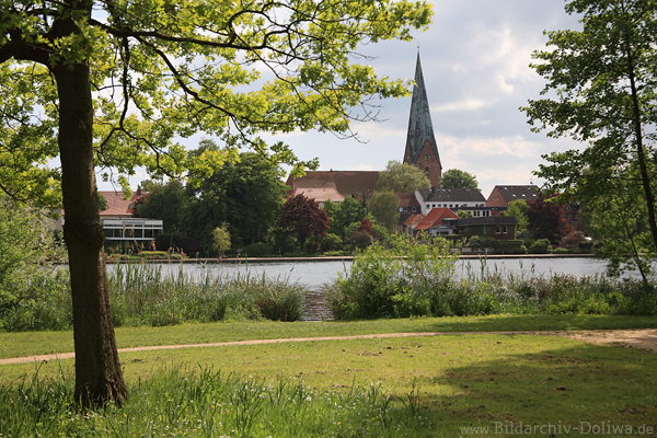 Eutin am See Grünufer Landschaftsbild Stadt Kirchturm Wasserblick