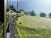 Reisezug auf Bahnstrecke durch grne Talwiesen im Berner Kanton und Berner Alpen